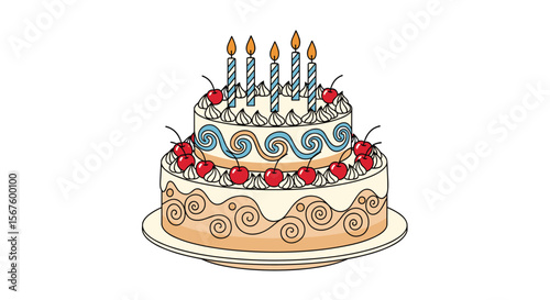 Delightful Two Tiered Birthday Cake With Cherries and Candles