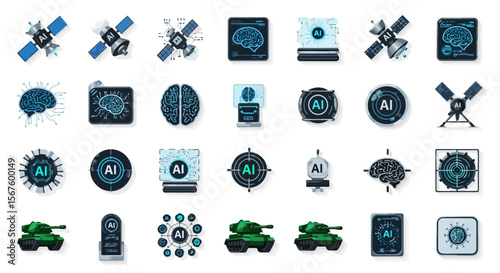 AI Technology Icons: Artificial Intelligence & Future Warfare