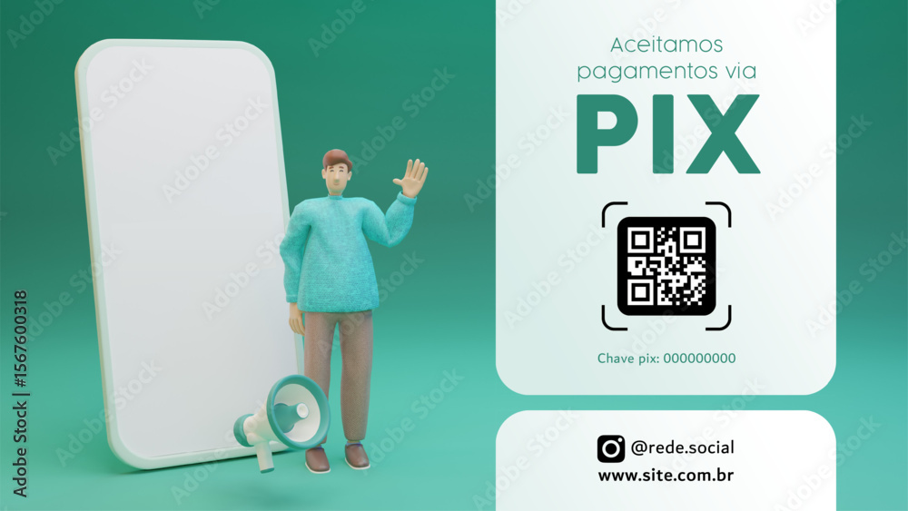 Campanha de Pagamento com PIX – Banner com Personagem 3D e QR Code