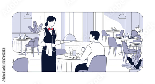 Restaurant worker serving a customer a meal at a table
