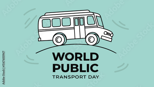 World Public Transport Day:  A stylized white minibus illustration, minimalist design, light teal background, conveying efficient and eco-friendly public transportation.