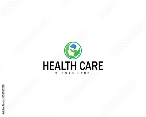 healthy mind logo, people head and hand with leaf and brain logo
