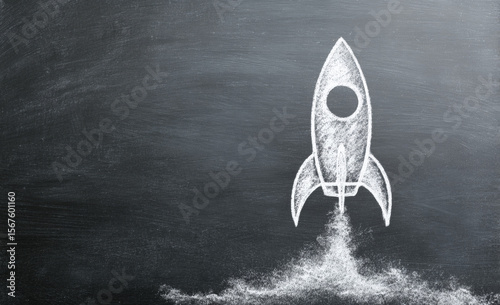 Chalk Rocket Launch Drawing on Blackboard

