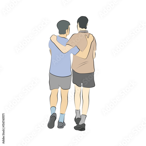 two men hugging together illustration vector hand drawn with black lines isolated on white background.