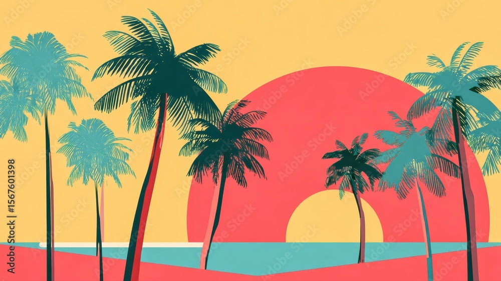 Obraz premium Vibrant summer vacation poster with beach, palm trees, and sun setting Generative AI