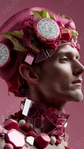 A creative portrait of a Caucasian male adorned with vibrant, abstract headwear and attire, showcasing avant-garde fashion and artistic expression futurism and eccentricity are highlighted