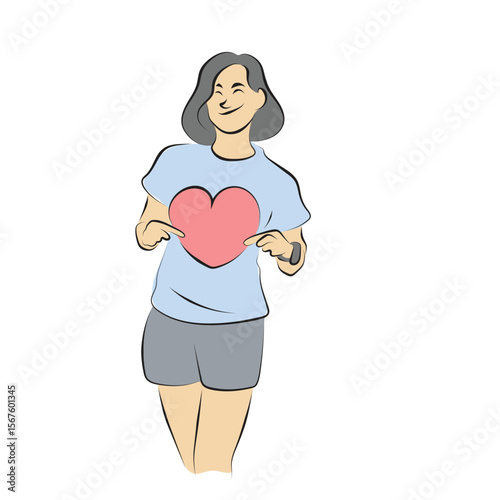 smiling woman holding red heart illustration vector hand drawn with black lines isolated on white background.