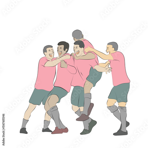 male five soocer players celebrating goal victory illustration vector hand drawn with black lines isolated on white background.