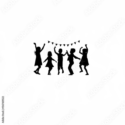 Silhouette of kids dancing at birthday party on white background