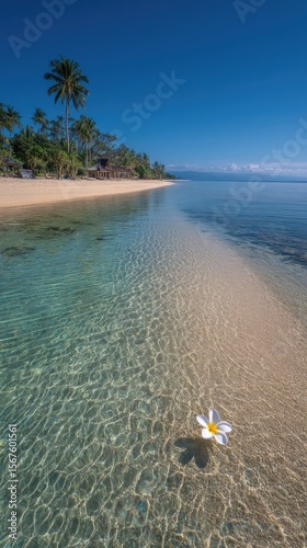 Tranquil beach scene with clear turquoise water, a single white flower floating on the surface, and palm trees on the shore
