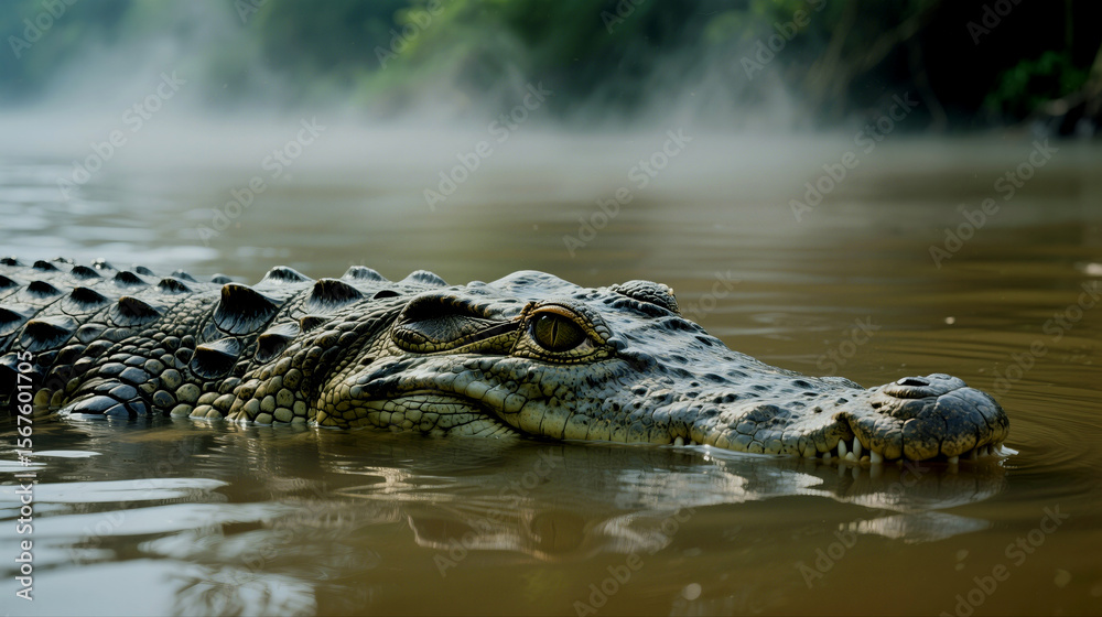 Obraz premium Crocodile lurking in murky river water with morning mist