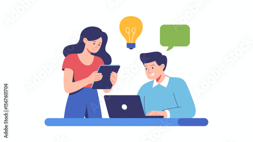 Creative Collaboration: Two individuals collaborate over a laptop, with an illuminated lightbulb symbolizing inspiration, amidst thought bubbles indicating shared ideas and innovation.
