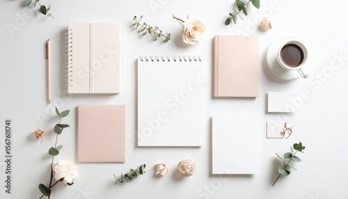 Pastel Stationery Flat Lay for Creative Design Templates, Blank Frame and Decoration / パステル文房具のフラットレイ、デザインテンプレート用の空白フレームと装飾