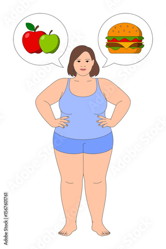 Diet Decision: A woman contemplates healthy and unhealthy food choices, apples versus a hamburger, symbolizing the internal struggle of dieting.