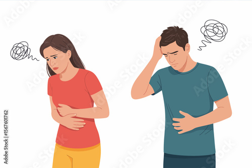 Upset Stomach: A young couple experiencing discomfort and worry, clutching their stomachs, illustrate the distress of stomach pain or indigestion.