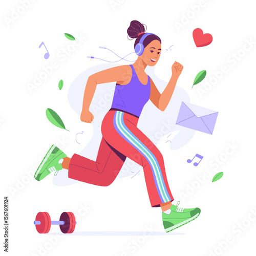 Energetic Runner with Headphones: A vibrant illustration of a woman enjoying her daily run with headphones, symbolizing the harmonious blend of fitness, lifestyle, and music. 