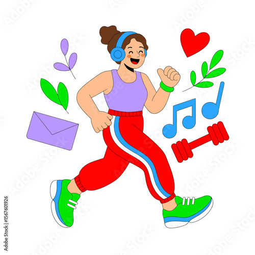 Joyful Running & Fitness: A vibrant illustration of a woman running with headphones, embodying the energy of exercise, passion for health, and musical rhythm. 