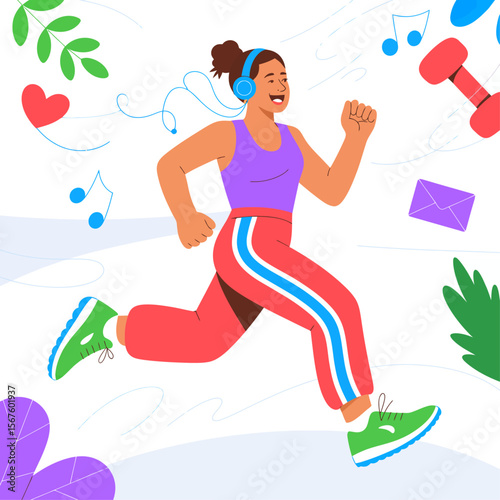 Woman Jogging with Headphones: A vector illustration of a woman with a joyful expression. She is in motion, jogging, with headphones on. The background is adorned with decorative elements