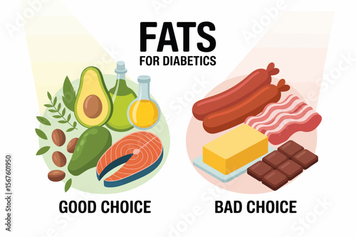 Healthy and Unhealthy Fats for Diabetics: A visually striking illustration, the image distinctly showcases a comparison between good and bad fats for diabetics, emphasizing informed dietary choices.