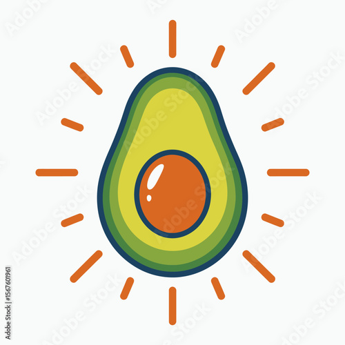 Radiant Avocado Half: A vibrant illustration of a halved avocado, its creamy interior glowing with a radiant sunburst. The design is simple yet captivating, perfect for health-conscious audiences.