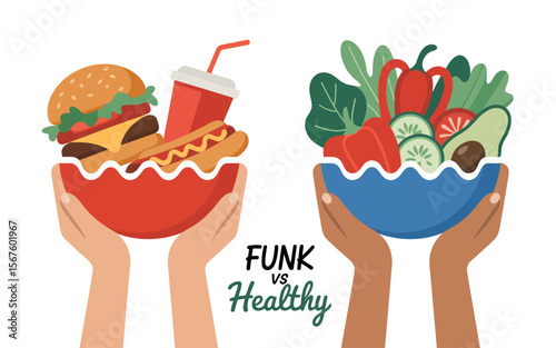 A Dietary Divide: Illustrative composition contrasts the allure of fast food with the vibrancy of a healthy salad, offering a visual commentary on dietary choices and wellbeing.