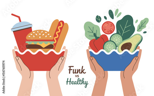 Contrasting Food Choices: A colorful illustration comparing a bowl of unhealthy fast food with a bowl of vibrant, healthy salad, highlighting the difference between "Funk" and healthy eating.