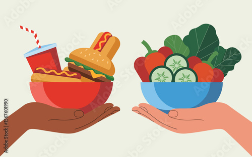 The Dilemma of Dietary Choices: Two hands present a stark contrast of healthy vs. unhealthy foods. One hand holds a vibrant salad while the other clutches a burger and fries.