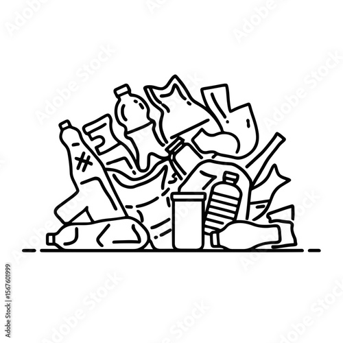 Minimalist Outline Plastic Waste Pile Icon – Simple Bottles & Abstract Debris, suitable for pollution awareness concept