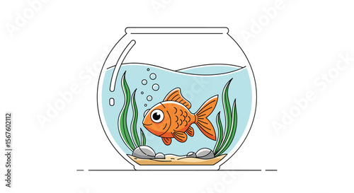 Adorable cartoon goldfish swimming in a simple fishbowl with aquatic plants and small rocks on the sandy bottom