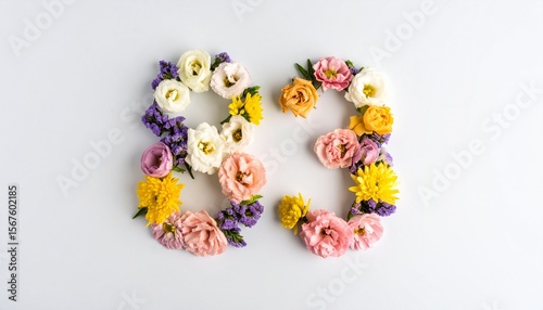 Number 83 made out of flowers with solid white background. Photo for 83rd birthday or anniversary party