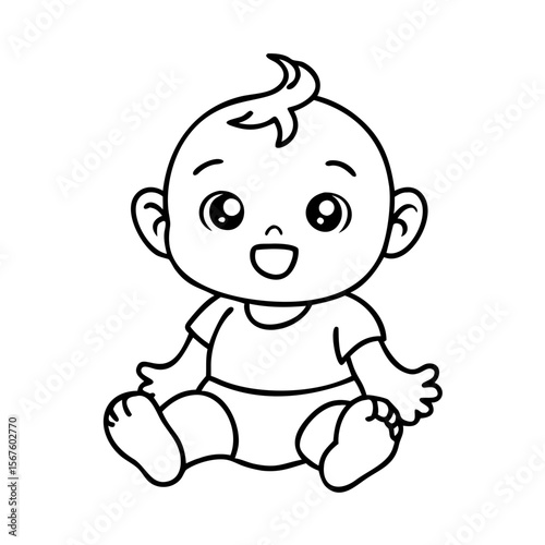 Outline of cute baby boy cartoon character sitting 
