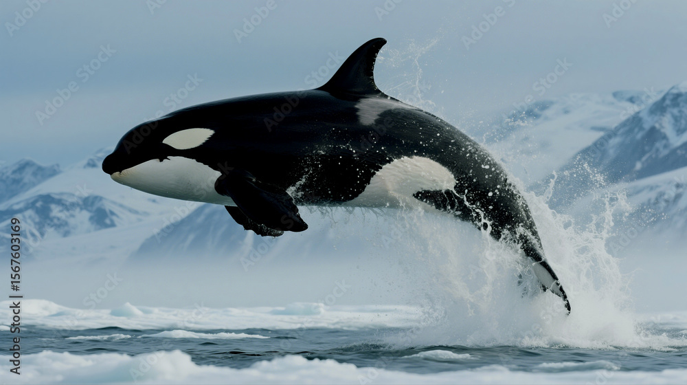 Fototapeta premium Orca leaps from the icy water of the Arctic against a snowy mountain backdrop