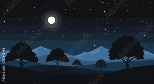 Pixel Art Night Landscape With Moon And Trees