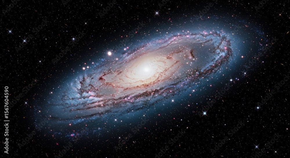 Fototapeta premium Detailed View of Andromeda Galaxy with Swirling Blue Arms and Bright Star Clusters Against a Deep Black Space Background