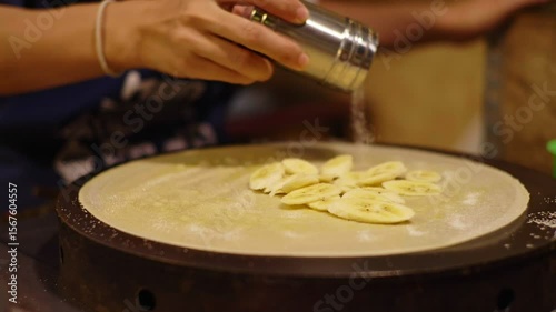 Sprinkling Sugar on Banana Crepe � Thai Street Food Close-Up in 4K