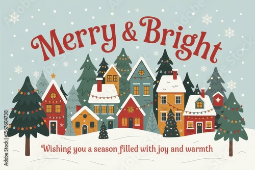 A cheerful Christmas greeting card featuring a whimsical snow covered village scene nestled amongst towering pine trees, with the text Merry Bright in a playful, curly font arching across the top