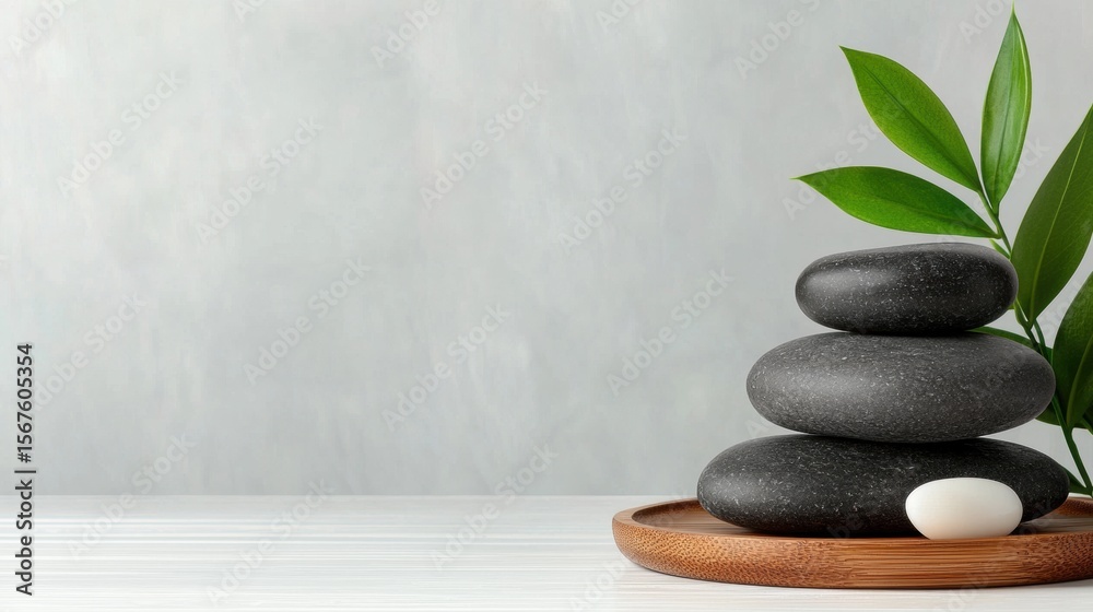 a stack of black stones and a green plant on a wooden tray a stack of black stones and a green plant on a wooden tray