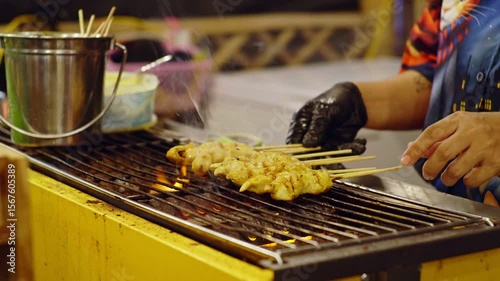Street Vendor Grilling Chicken Skewers � Thai Night Market Food in 4K