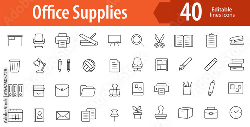 Office Supplies Line Icons, Pen, Stapler, Paper Clip, Notebook, Scissors, Editable Formats: AI, EPS, PNG, JPG, Ideal for Both Digital and Print Use
