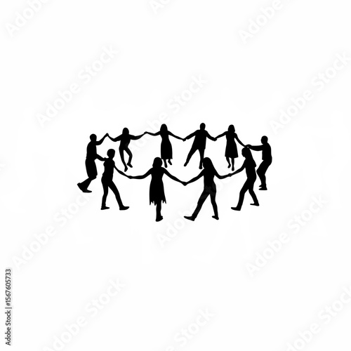 Silhouette of people doing group dance in circle on white background