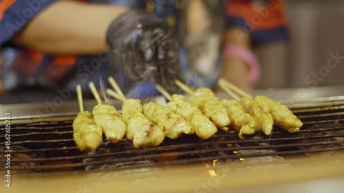 Street Vendor Grilling Chicken Skewers � Thai Night Market Food in 4K