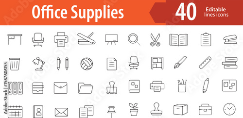 Office Supplies Line Icons, Pen, Stapler, Paper Clip, Notebook, Scissors, Editable Formats: AI, EPS, PNG, JPG, Ideal for Both Digital and Print Use
