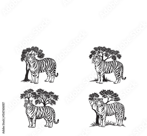 Black and white striped tiger silhouette vector illustration, a wild mammal silhouette with a distinctive profile