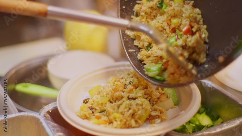 Serving Hot Fried Rice into Takeout Bowl � Asian Street Food Close-Up