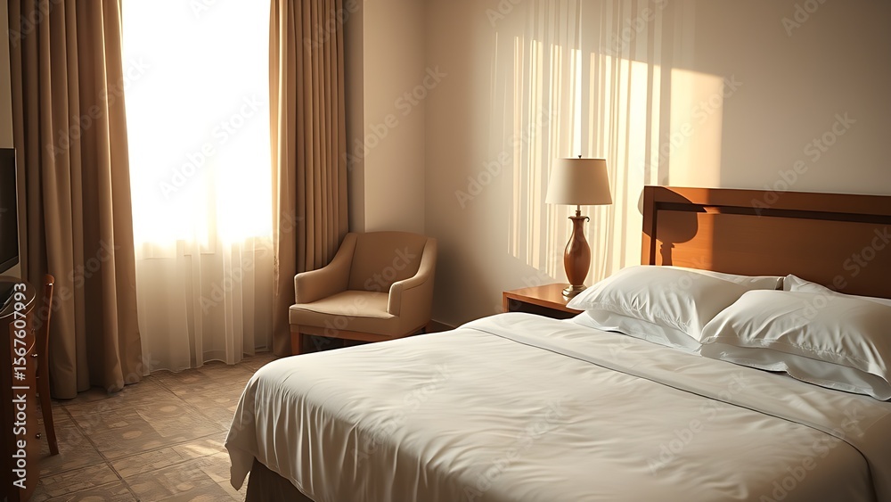 Fototapeta premium A serene hotel room bathed in morning light, with neatly made bed and sheer curtains.