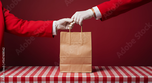 Paper bag being passed by gloved hands