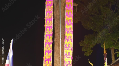 Lanna Tung Flags Hanging in Chiang Mai Temple at Night � 4K Footage
