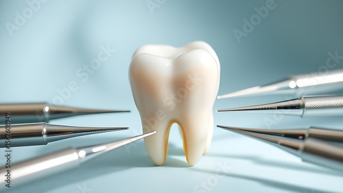 Dental tools in protective circle around aging tooth under clinical light,highlighting the high cost of dental treatment and the complexity of the dental restorative process