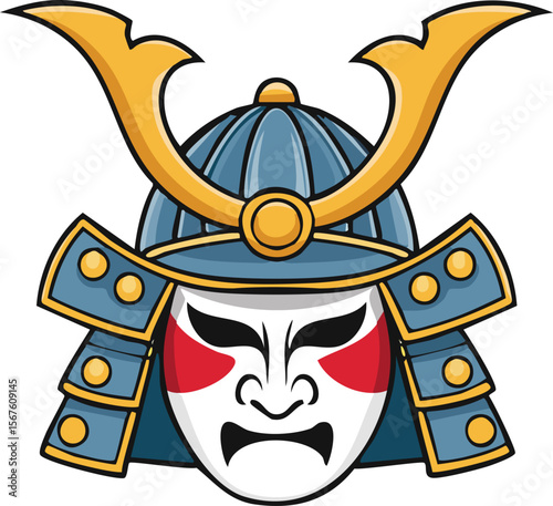 A stylized samurai mask, fierce expression, within a detailed helmet.