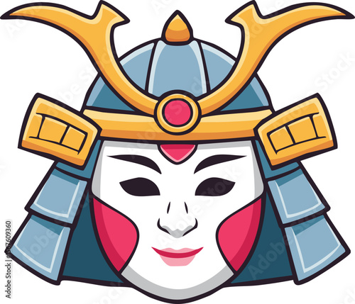 A stylized illustration of a Japanese Kabuki mask with warrior helmet.